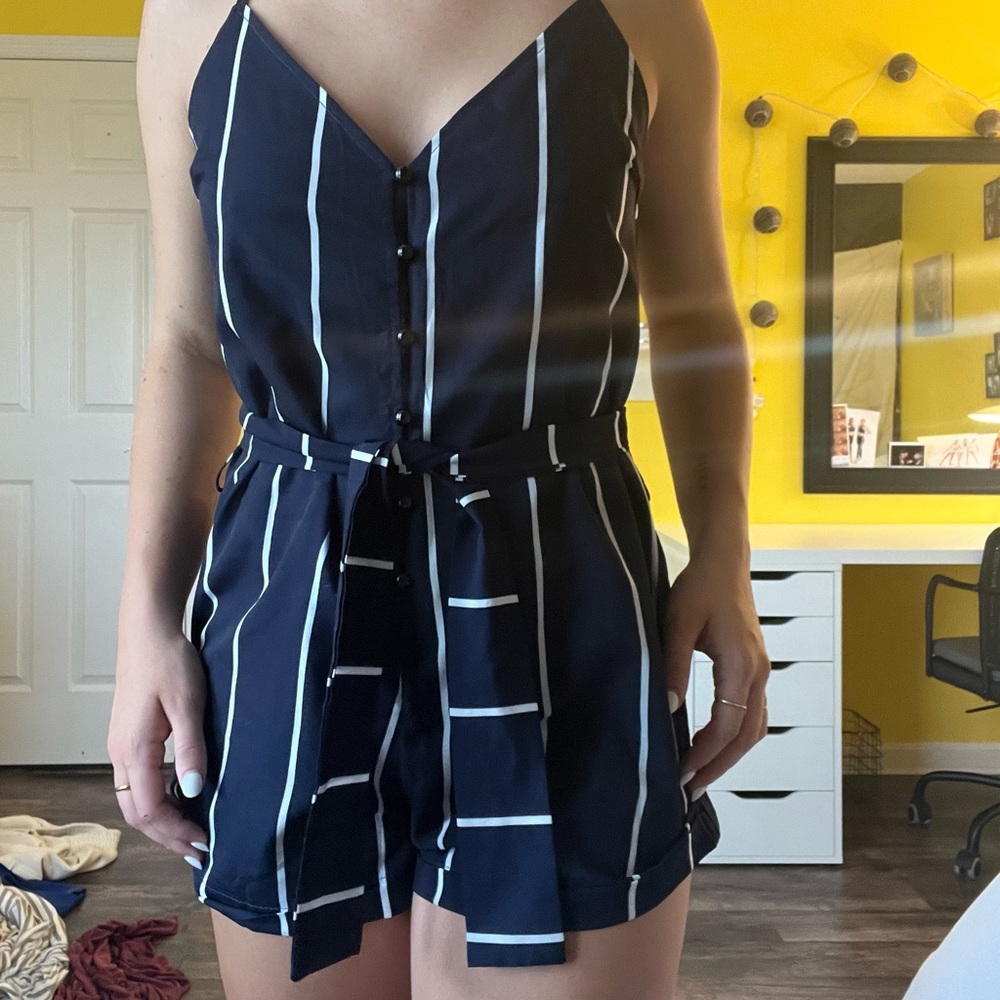 Navy and white striped romper